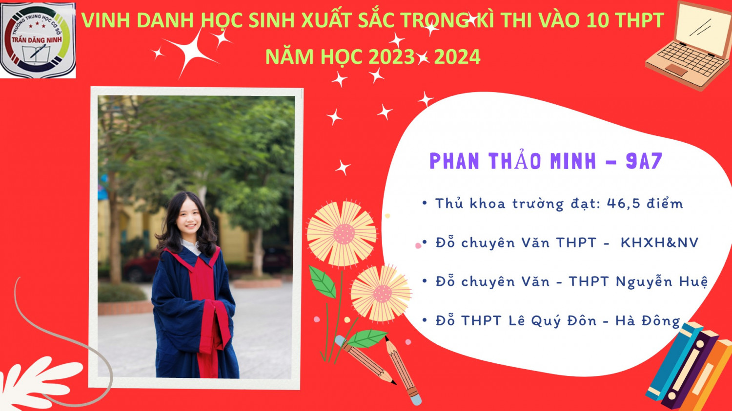 Vinh danh các em học sinh đạt kết quả cao trong kì thi tuyển vào lớp 10 của trường zingplay tiến lên
 năm học 2023 - 2024